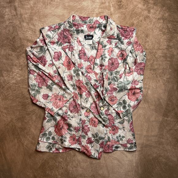 Vintage 80s Jenni Double Breasted Floral V Neck Blouse Jacket Beige Pink Cottage - Picture 1 of 6